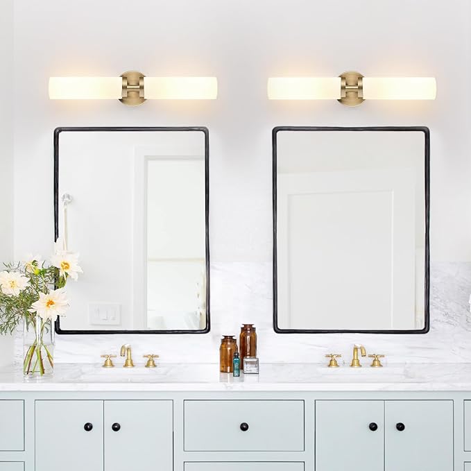 Indoi Wall Sconces Set of Two, Hardwired Brass Bathroom Sconces Wall Lighting with Milky White Glass, Modern Sconces Wall Decor Set of 2 Bathroom Light fixtures for Mirror Living Room Hallway Bedroom
