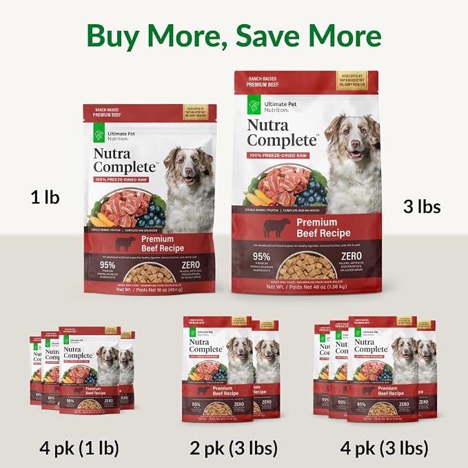 ULTIMATE PET NUTRITION Nutra Complete Freeze-Dried Raw Dog Food, Beef 1lb | Vet-formulated with antioxidants, prebiotics, & amino acids, full meal or topper for adult canines, all breeds & sizes