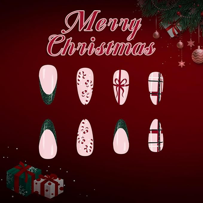 Christmas Press on Nails Candy Cane Fake Nails Short Almond False Nail with Bow Design Nude Glue on Nails Glossy Full Cover Artificial Acrylic French Tip Stick on Nail for Women Xmas Manicure 24Pcs