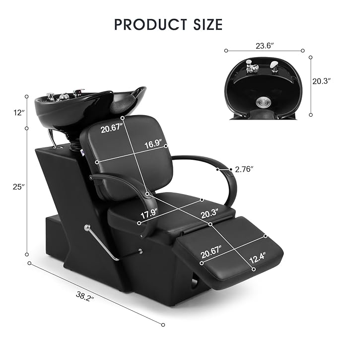 Artist hand Shampoo Bowl, 47" Ceramic Bowl Chair Adjustable Backwash Shampoo Station Footrest Salon Equipment
