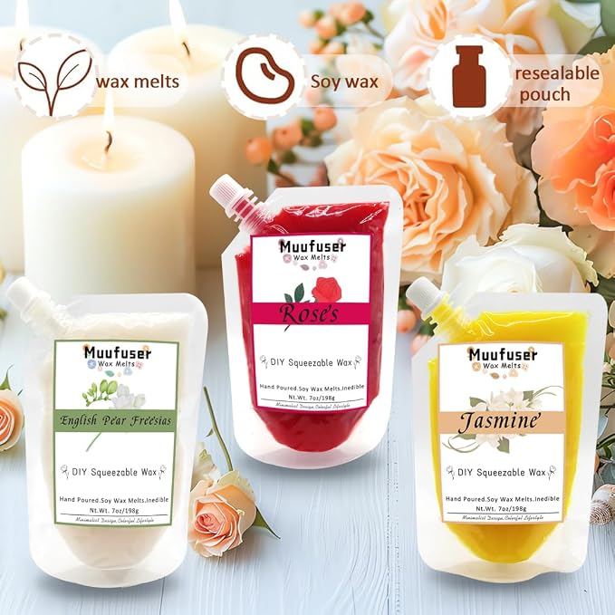 DIY Squeezable Soy Wax Candle,Handmade Eco-Friendly, Each 7 oz and 55 Hours Burn Time, 3 Luxurious Scents for Creative Home Decor & Gifts(English Pear & Freesia+Rose+Jasmine)