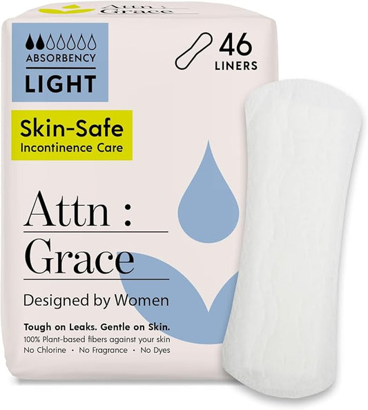 Attn: Grace Panty Liners for Women - 46 Liners – for Light Urinary Incontinence, Bladder Leakage or Postpartum - 100% Breathable & Plant-Based Materials Active Odor Control - Free from Harsh Chemicals
