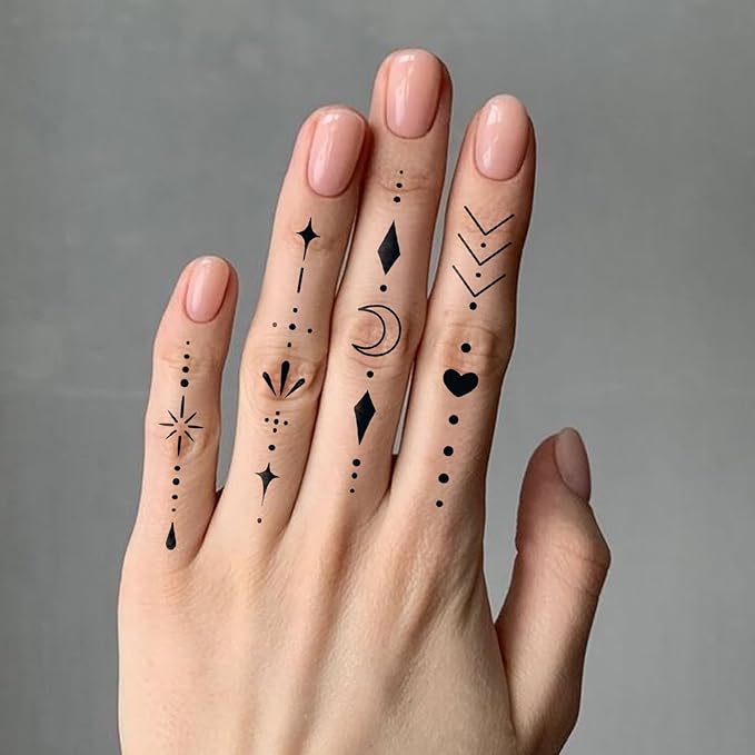 Semi Permanent Tattoos, 2 Weeks Realistic Tiny Minimalist Design Fingers Temporary Tattoos for Women Hand Wrist Ears, Henna Moon Heart Fake Tattoos, Waterproof and Non-Reflective, 2 Sheets