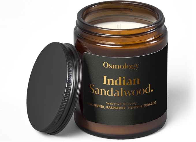 Osmology Indian Sandalwood Aromatherapy Candle – Sandalwood, Raspberry & Tobacco Scented Candle, Plant-Based Wax in Amber Apothecary Jar, 7 oz, 50 Hour Burn Time, Warm & Woody Candle