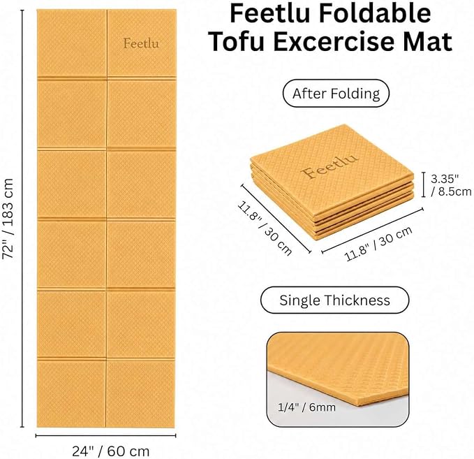 Foldable Yoga Mat, 6mm Thick, 72L x 24W Inch, Lightweight, Anti-Slip, and Easy to Store – Perfect for Travel, Yoga, Pilates, Home Workouts, and Floor Exercises