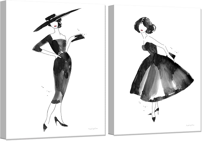 2 Pieces Fashion Women Canvas Wall Art Trendy Models Painting Black and White Funky Poster Pictures Framed Artwork for Bedroom Bathroom Makeup Room Decor 12"x16" (30cmx40cm)