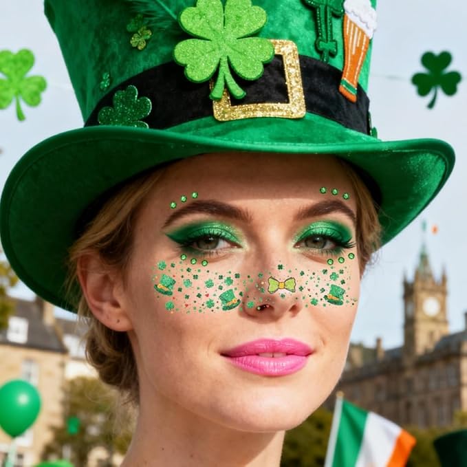 St Patricks Day Temporary Tattoos Green Leaf Blush Face Tattoos Lucky Clover Shamrock Fake Tattoos Cute Bow Star Freckles Face Tattoo Waterproof Makeup Stickers with Green Gems for Girls 12 Sheets