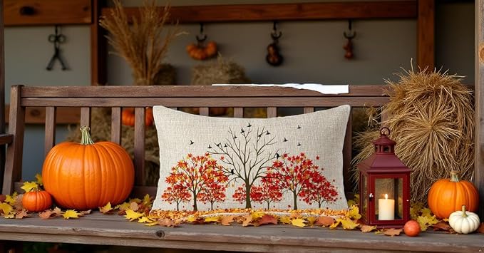 Autumn Throw Pillow Cover 12" x 20'' inches Linen Red Maple Leaves | Boho Pillow Covers Soft Family Home Gift Cushion Case Decorative