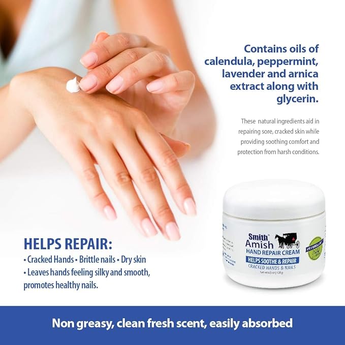Smith Amish 6oz Hand Repair Cream - Moisturizing Formula with Glycerin, Lavender, Calendula - Soothes, Revitalizes, and Nourishes Dry, Rough Hands - Ultimate Hydration and Repair Solution