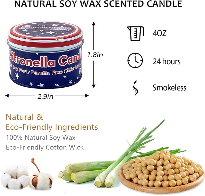 American Flag tin Candle Set of 4 (4oz Each) – Long-Lasting Outdoor Citronella Candles for July 4th Independence Day – Fresh Invigorating Fragrance to Enhance Ambiance