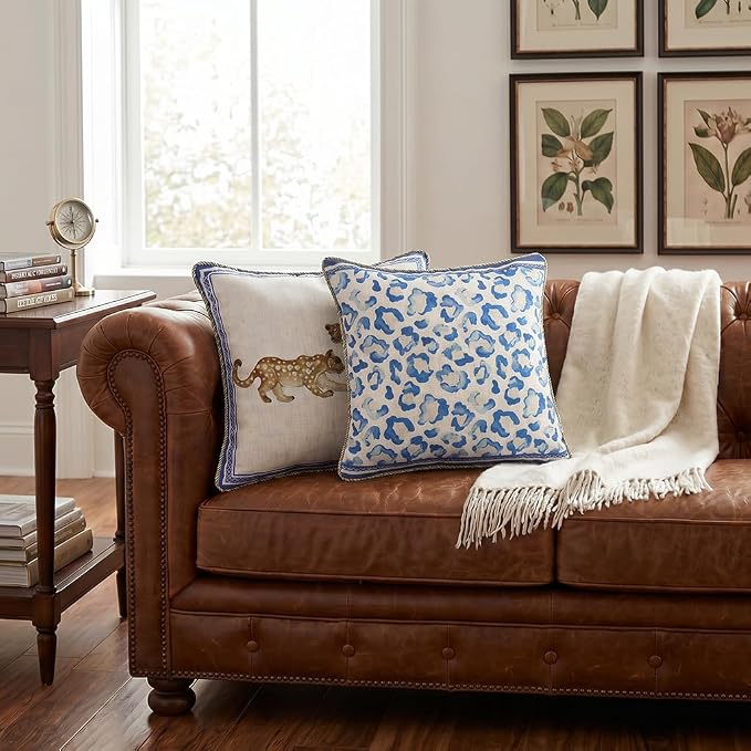 patdrea Designer French Vintage Linen Throw Pillow Cover,18"x18"-Fromm E | Elegant Decorative Pillow Case with Zipper,Leopard Pattern,Pillow Cover for Couch Living Room Bedroom Sofa
