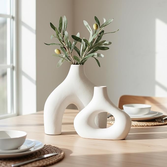 Carrot's Den Ceramic Modern Vase Set of 2, Donut Shelf Decor, Warm White | Matte pair for bookshelf and bookcase decor, mantel styling, or home staging. Holds dried stems and faux plants indoor.