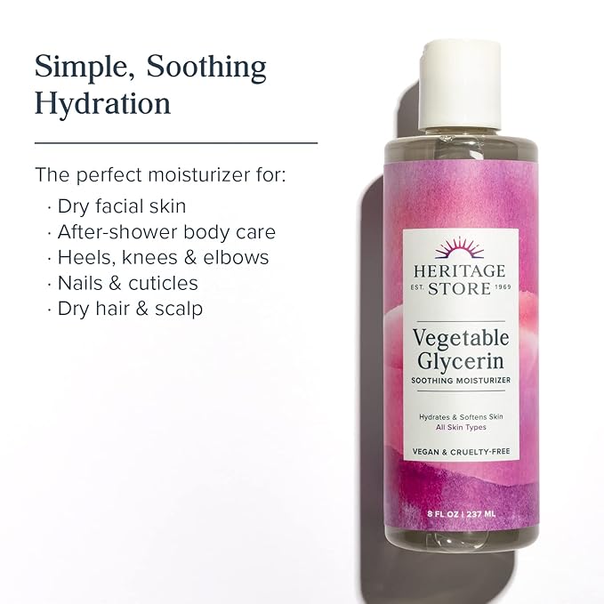 HERITAGE STORE Vegetable Glycerin Soothing Moisturizer, Oil Free Hydration for Skin Care, Hair Care, Face & Body, DIY Beauty Products & More, Soothes & Softens, Made Without Parabens, Vegan, 8oz