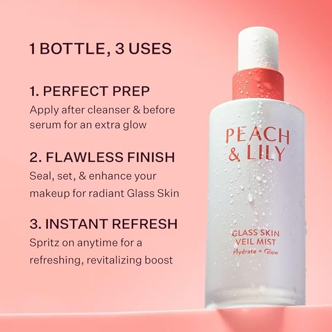 Peach & Lily - Glass Skin Veil Mist (3.38 ounces) - Hydrate & Glow - Facial Mist - Weightless - Cucumber Water, Lotus, Peach, Reishi Mushroom - Self Care - Vegan & Cruelty Free - Korean Beauty