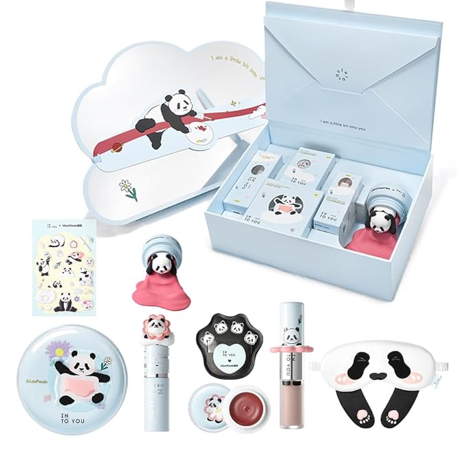 INTO YOU x M.Lan Panda The Color Mixer Set Limited Edition - 7 pieces Makeup Box Sets, Matte Lipstick + Canned Lip Mud + Blush & Highlight Duo + Cushion Foundation + Gift Bundle, L01 Set