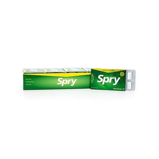 Spry Fresh Natural Xylitol Chewing Gum Dental Defense System - Aspartame-Free, Sugar-Free, Non-GMO, Gluten-Free (Spearmint, 10 Count Blister Cards - Pack of 20)