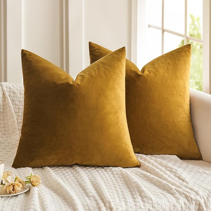 MIULEE Velvet Throw Pillow Covers 18x18 Inch Pack of 2 Mustard Yellow | Soft Solid Decorative Pillow Covers, Modern Luxury Home Decor, for Couch Chair Sofa Bedroom Livingroom