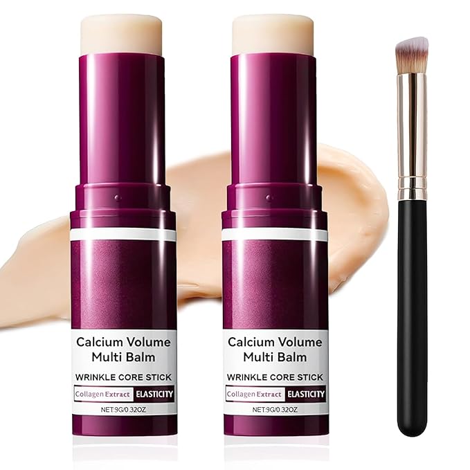 KUNAL 2 PCS Calcium Volume Multi Balm with 1 Brush, Calcium Balm Stick Hydrating, Firming Skin, Reduce Fine Lines Collagen Stick for Face, Eyes, Neck