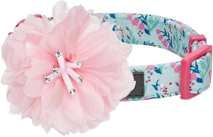 Blueberry Pet Floral Power Lily of The Valley Designer Teal Green Adjustable Dog Collar with Detachable Pink Peony, Medium, Neck 14.5"-20"