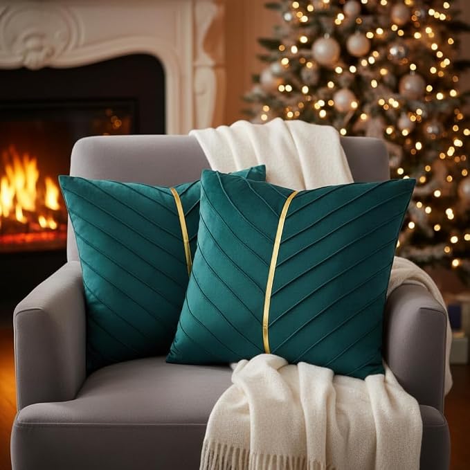 Velvet Throw Pillow Covers 18x18 Pack of 2 Gold Decor Peacock Blue | Soft Solid Pillow Covers,Modern Luxury Home Decor,for Couch Chair Sofa Bedroom Livingroom,Hidden Zipper,Ideal Gift,Easy Care