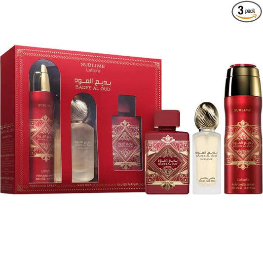 Lattafa Badee Al Oud Sublime for Unisex 3 Piece Set (3.4 Oz Eau de Parfum Spray + 1.7 Oz Hair Mist + 6.7 Oz Deodorant Spray)