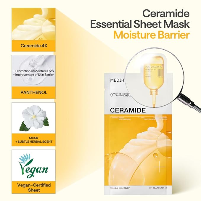 Mediheal Essential Face Mask [Ceramide] Moisture Barrier 10 pcs. with 90% Ceramide, Panthenol for Intense Hydration & Skin Barrier & Daily Skin Nourishment - Vegan Formula Korean Beauty Sheet Mask