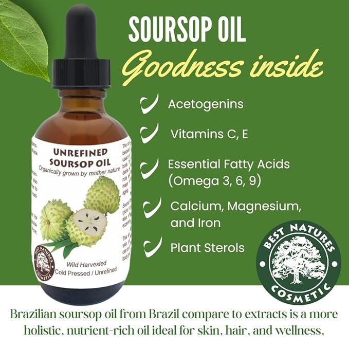 Best Nature's Cosmetics Organic Soursop Oil (Anona Muricata, Graviola, Guanabana) – Unrefined Soursop Oil, 100% Pure, Organic, Cold-Pressed – 2oz (60ml)