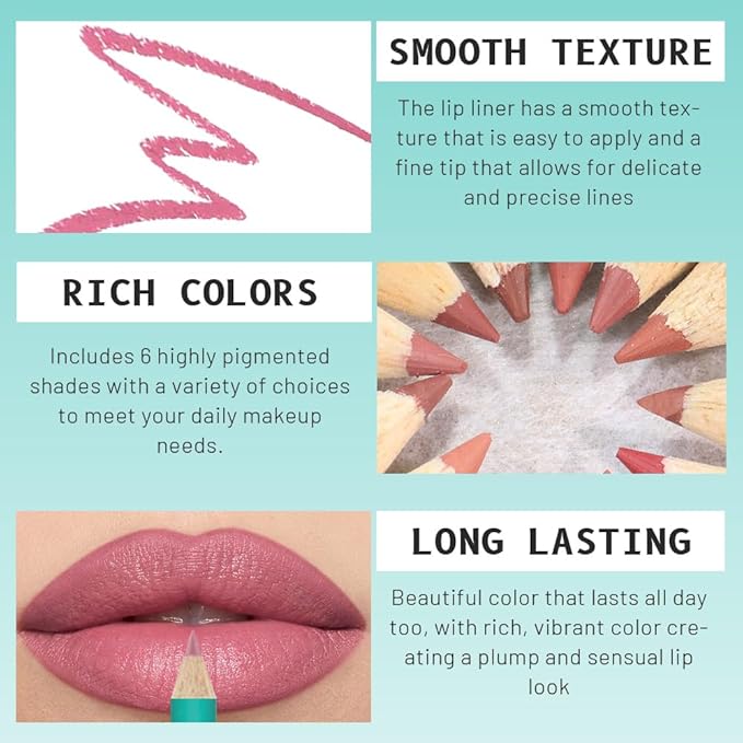 6 Pcs Ultra Silky Lip Liner Lipstick Pencils Set for Shaping & Sculpting Lips, Creamy Matte Velvet Pigmented Crayon (6Pcs-Matte Creamy Smoothly-B, Pack of 1)