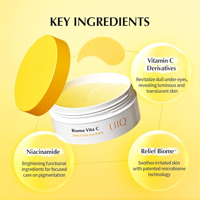 UIQ Biome Vita C Dark Circle Eye Patch for Puffy Eyes and Dark Circles, Under Eye Mask, 60 Under Eye Patches, Vitamin C derivatives eye patch, Korean Skin Care