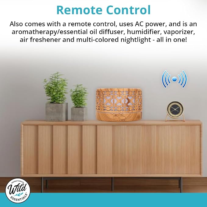 Wild Essentials 700ml Designer Large Room Essential Oil Diffuser, 5 in 1 Ultrasonic Aromatherapy Vaporizer Cool Mist Humidifier, Home, Office Bedroom, Timer Auto-Off, 7 Color LED, Light Wood Branches
