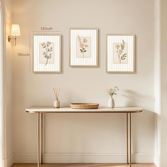 OPFDE Wood Framed Botanical Wall Art Set of 3, Neutral Wildflower Wall Decor, Minimalist Beige Stripe Poster Print, Vintage Cottagecore Farmhouse Floral Artwork for Living Room Bathroom 16x24 Inch