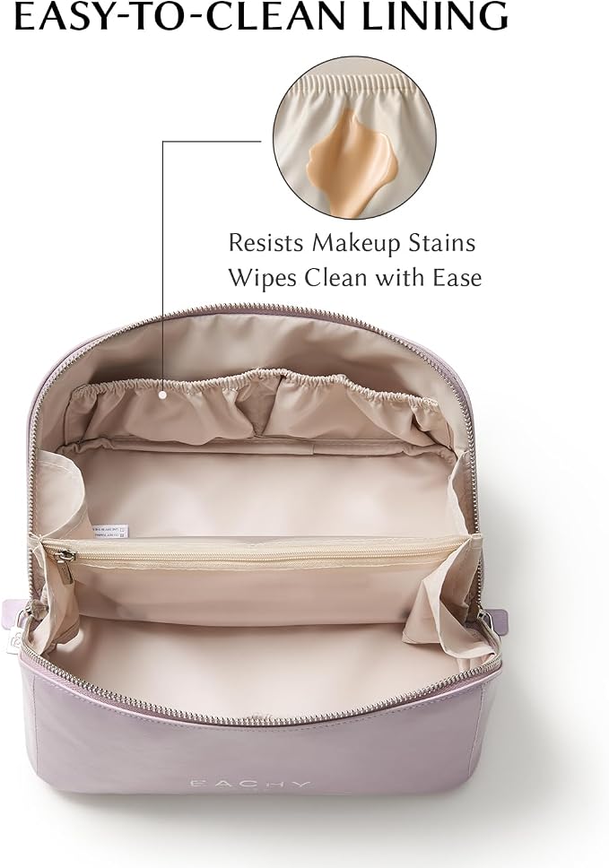 EACHY Travel Makeup Bag, Large Capacity Cosmetic Bag for Women, Waterproof PU Leather, Flat Open Portable Toiletry Bag for Skincare, Brushes & Travel Essentials