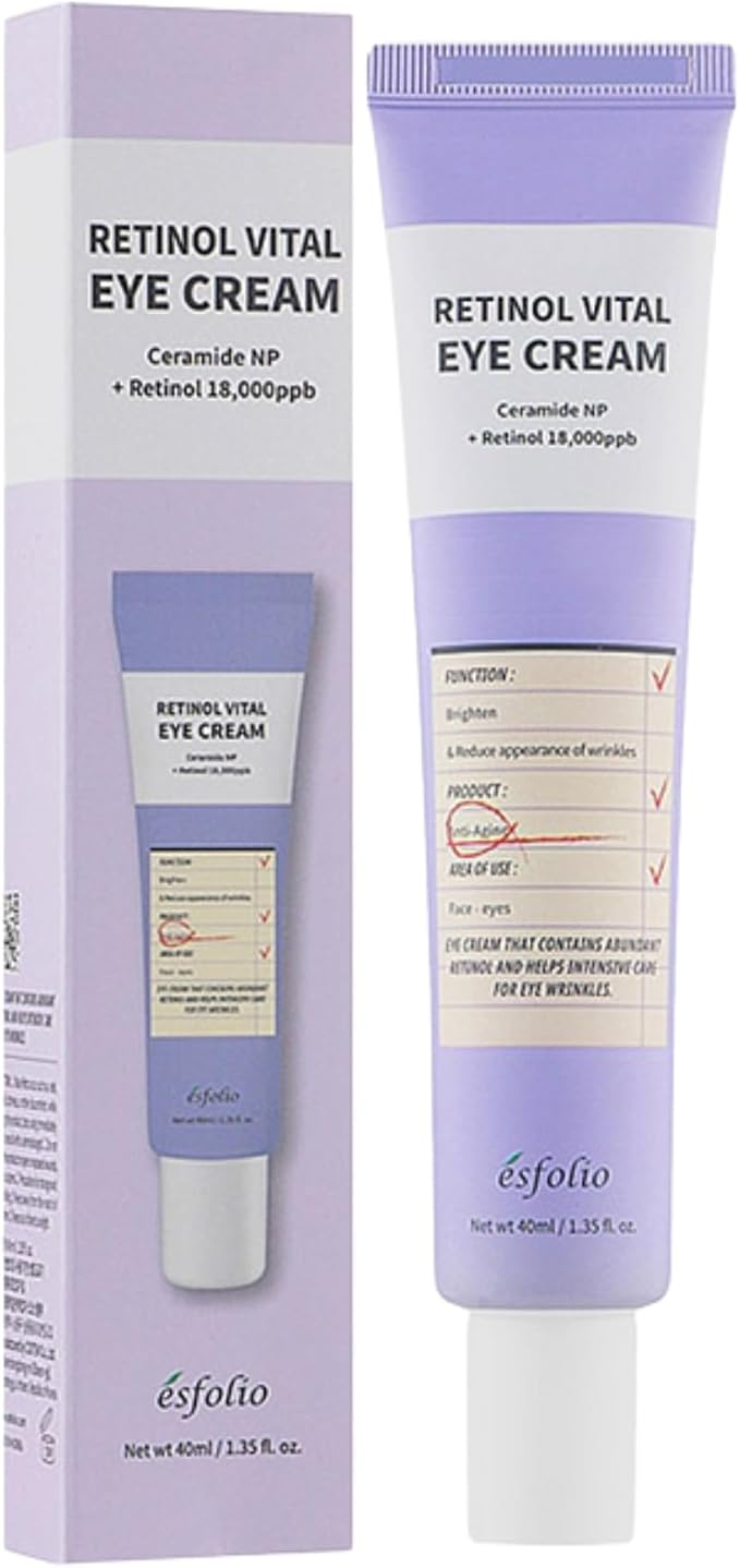 Esfolio Retinol Vitamin A Eye Cream, Daily Skin Care for Under Eye Area, Lightweight Moisturizing Formula, Korean Beauty Skincare (1.35 oz / 40 ml)