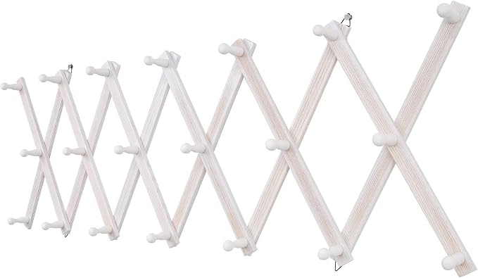 SCUNDA Accordion Wall Hanger with 20 Hooks, Wooden Wall Expandable Coat Rack for Coat, Hats, Baseball Caps, Coffee Mug, Jewelry(Ruist White)