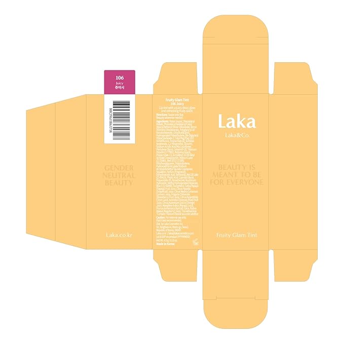 Laka Fruity Glam Tint, 4.5g/0.15oz, Glowing Lip Stain with Wide Color Spectrum, Hydrating & Lightweight Texture, Long-Lasting Bold Stain, Non-Sticky, Vegan, K-Beauty (#106 Juicy)