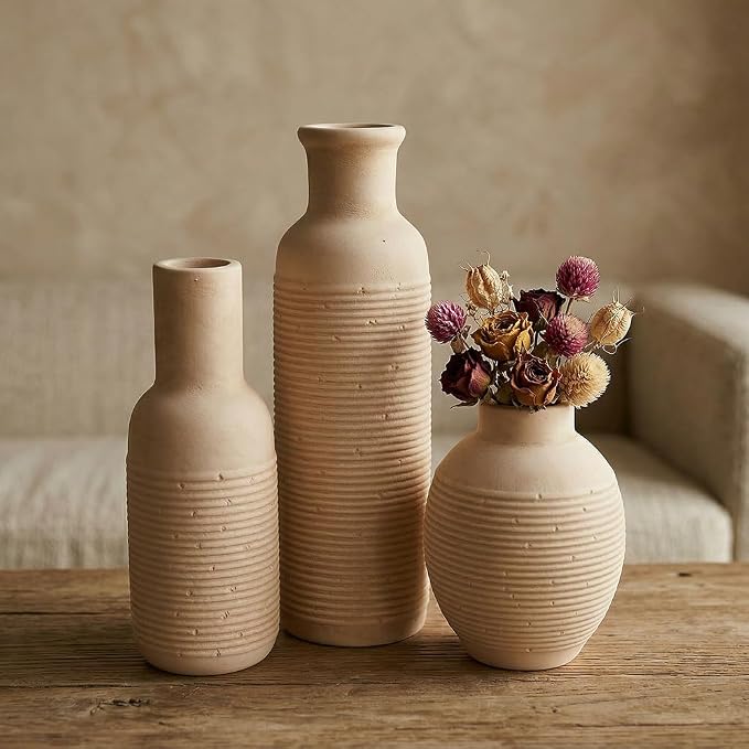Rustic Farmhouse Vase Set of 3 - Ceramic Decorative Vintage Vases Home Decor - Pampas Grass Dried Fresh Flowers - for Centerpiece, Coffee Table, Mantel Entryway, Living Room, Bedroom (Retro 2)