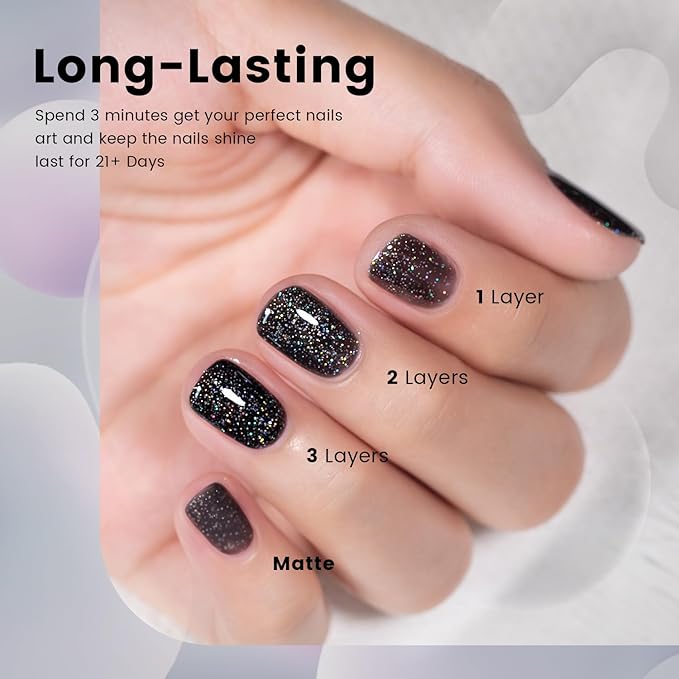 RARJSM Black Glitter Gel Nail Polish Chunky Iridescent Rainbow Sparkle Laser Holographic Small Flakes Shimmer Diamond Gel Polish Single Bottle Soak off UV LED Cured for Home Salon Manicure 15ML