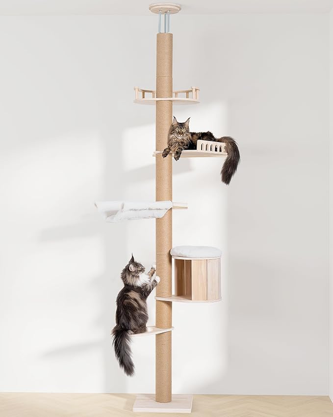 Aechonow 10.2ft Floor to Ceiling Cat Tree for Large Cats, Tall Cat Tower | with Scratching Post, Adjustable Height(82-122 in), Large Condo Cave Bed Hammock for Indoor Cats, Wood