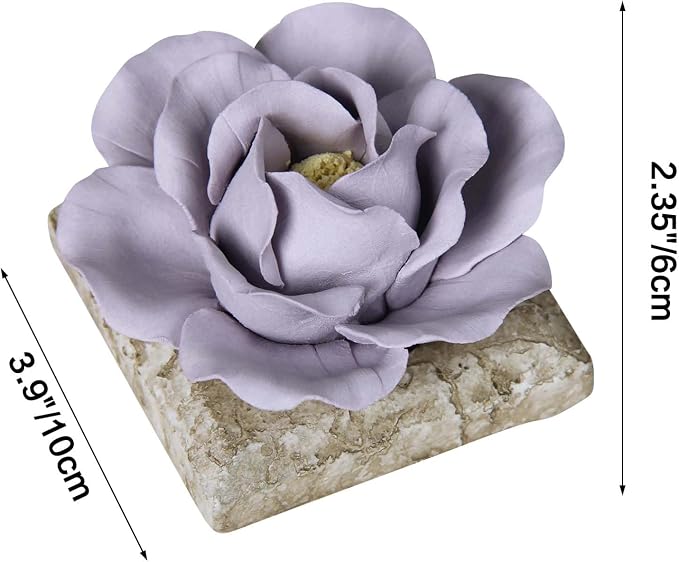 Ceramic Passive Essential Oil Diffuser, Aesthetic Desktop Handmade Flower & Concrete Base, Porcelain Aromatherapy Oils Diffuser for Home, Office, Yoga, Spa Room (Purple Peony)