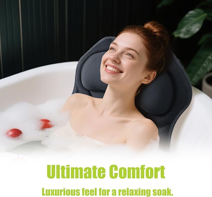 Bathland Full Body Bath Pillow for Tub - Extra Long & Thick Tub Pillow with Head, Back & Lumbar Support, 168 Non-Slip Suction Cups, Soft 5D Mesh Spa Cushion, Fits All Tubs-Gift for Soaking(Gray)