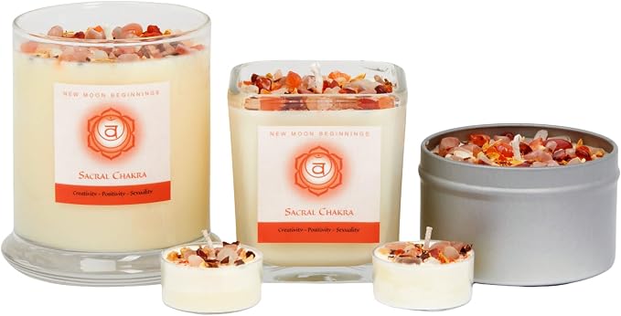 Sacral Chakra Candle by New Moon Beginnings - Chakra Candles - Dried Flower, Herb, & Crystal Candles - Aromatherapy Candles - Soy Candle - 12oz Glass Jar
