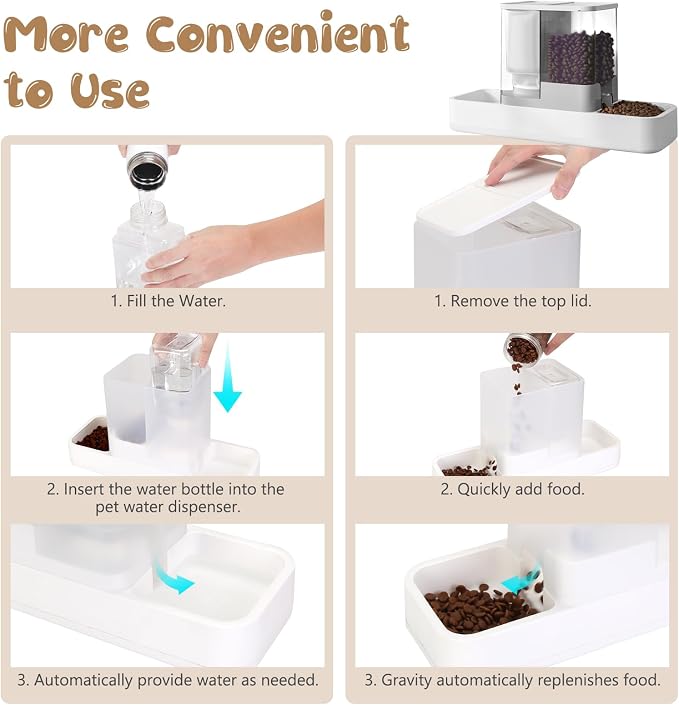 GearRoot Automatic Cat Feeder and Water Dispenser, 2 in 1 Gravity Pet Food Feeder and Water Dispenser Detachable Cat Food Dispenser for Small Dogs and Cats, White