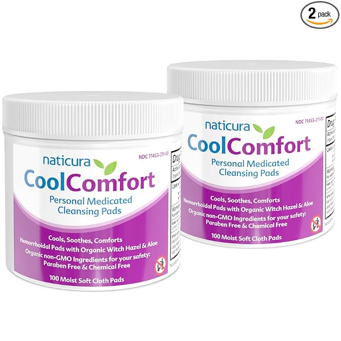 Naticura CoolComfort Hemorrhoid Relief Cleansing Pads - Fast Acting and All Natural with Organic Witch Hazel and Aloe Vera - Relieves Burning, Itching and Swelling - Made in USA - 100 Pads, 2 Pack