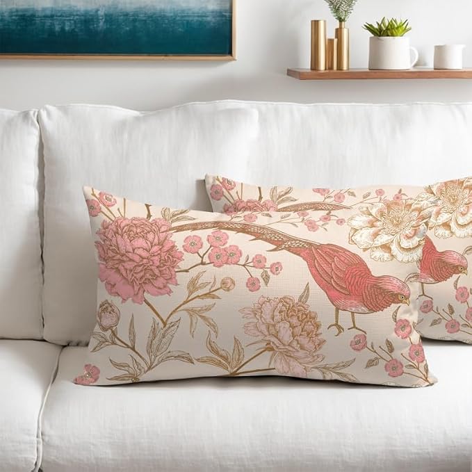 Flowers Birds Lumbar Pillow Covers 12X20 Inch Set of 2 Pink White Roses Floral Leaf Decorative Pillow Cases Art Retro Gold Cotton Linen Cushion Case Vintage Home Decor for Sofa Couch Porch Outdoor