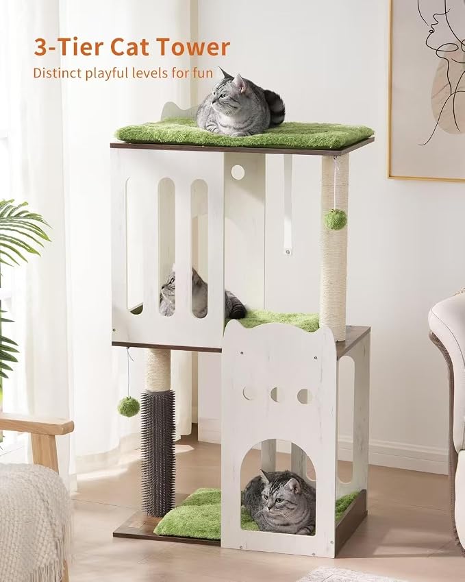 43.7in 3-Tier Modern Cat Tree Tower Condo, Cat Scratch Posts for Indoor Cats, Big Plate, Two 19.7in Full Sisal Scratching Posts, White