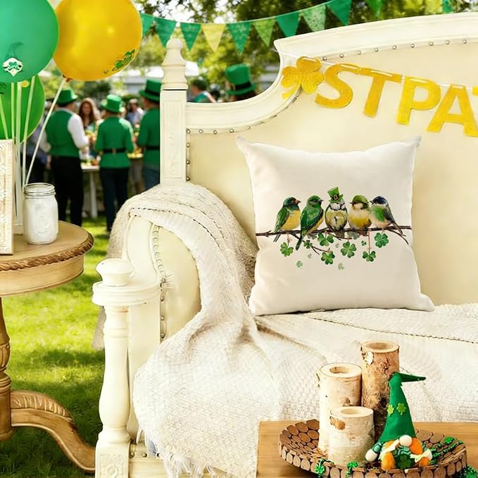 RABUSOFA St.Patricks Day Pillow Covers 18x18 Inch,Birds Shamrock Decorations Holiday Spring Decorative Pillow Case Decor for Sofa Couch Green