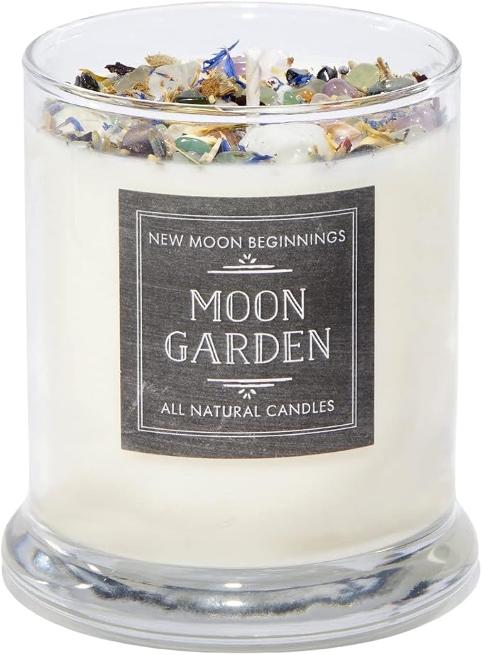 Moon Garden Candle by New Moon Beginnings - Soy Candle - All Natural Aromatherapy Crystal Candles - Intention Candle - Manifestation Candle - 12 oz Glass Jar