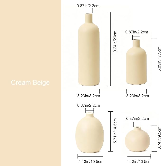 Beige Ceramic Vase Set of 4, Modern Neutral Colors Home Decor, Rustic Farmhouse Decorative Flowers Vases for Bouquet, Pampas | Table Mantel Centerpiece Bookshelf Living Room Bedroom (Beige)