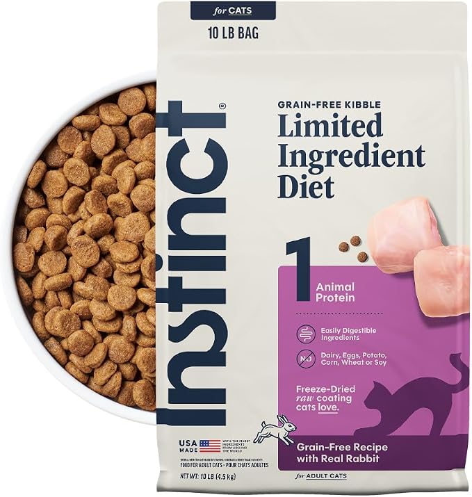 Instinct Limited Ingredient Diet Dry Cat Food, Real Rabbit, 10 lb. Bag | Single animal protein and vegetable recipe, raw-coated kibble, farm-raised rabbit, gentle on sensitive stomachs