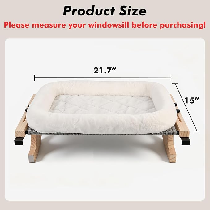 AMOSIJOY Wooden Cat Windowsill Perch with Zipper Cushion Bed, 21.7in | Sturdy Wood & Metal Frame Hold up to 40lbs, Machine Washable, Easy to Adjust, Hook-on Mounting Cat Hammock Seat for Large Cat